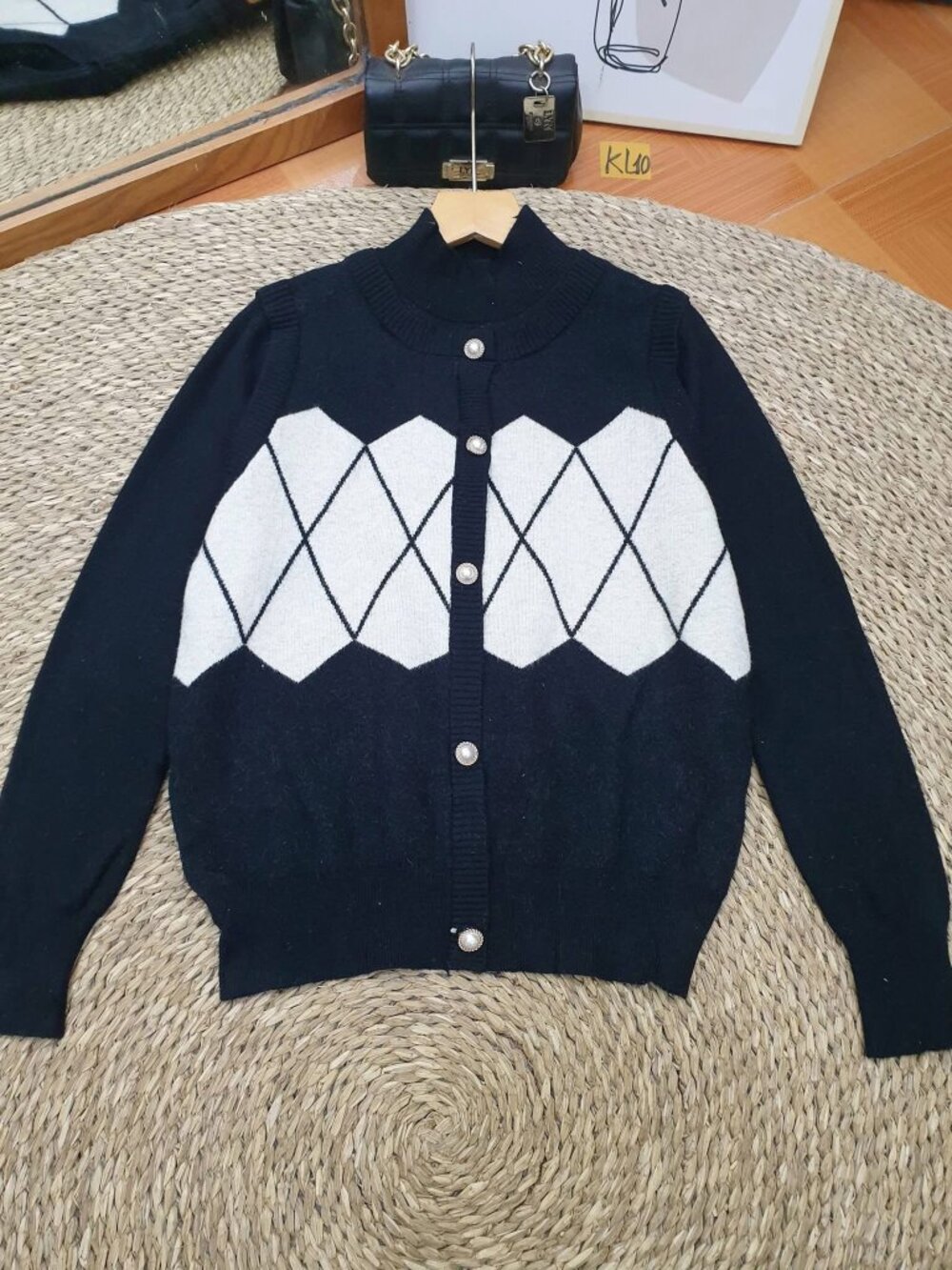 Navy White Argyle Knit Cardigan Round Neck Pearl Button Sweater